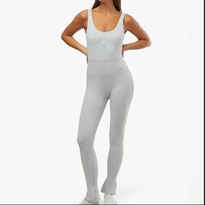 NWT- WeWoreWhat Henley Flare Jumpsuit in Light Heather Grey
